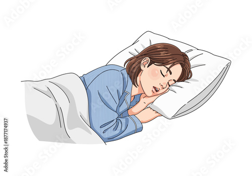 A young woman is sleeping peacefully on her side on a white pillow, covered by a white blanket, with her eyes closed and a relaxed expression on her face