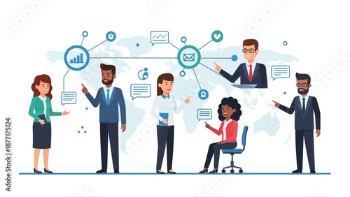Diverse business team collaborating globally with digital network connections