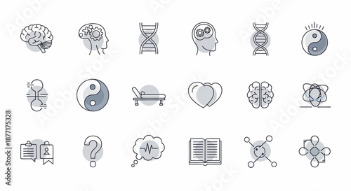 Collection of Psychology and Mental Health Icons in Doodle Style.