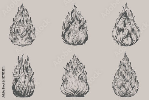 Hand drawn Fire and flame set illustration. Vintage sketch of devil's fire engraving. Retro silhouette of bonfire. Eps 10