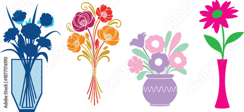 Colorful floral illustration set, decorative flower bouquets in vases, flat vector design, isolated on white background, modern graphic art