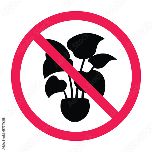 No plant sign, forbidden sign with houseplant icon, potted plant prohibited icon, no plants allowed sign, indoor plant forbidden icon
