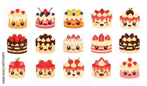 Kawaii cake icons cute dessert flat vector collection isolated on transparent background