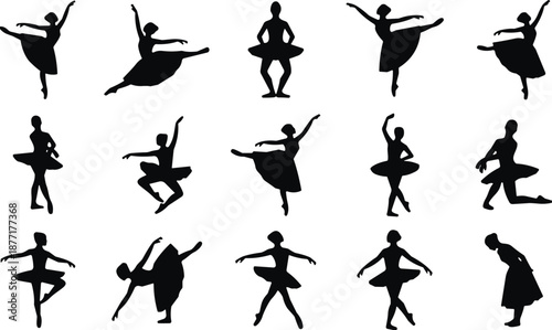 Ballet dancer silhouette set showing graceful poses, jumps, spins, and artistic movement for dance, performance, fitness, and creative expression concepts