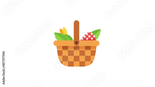 Picnic Basket with Food and Leaves Icon