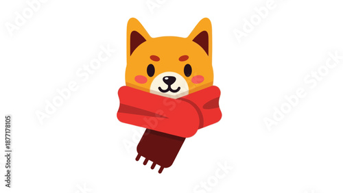 Cute Shiba Inu Dog Face with Red Scarf, Cartoon Style