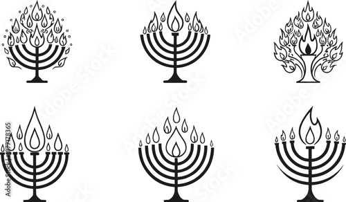 Six Stylized Black Line Art Menorahs with Flames on White Background hanukkah jewish
