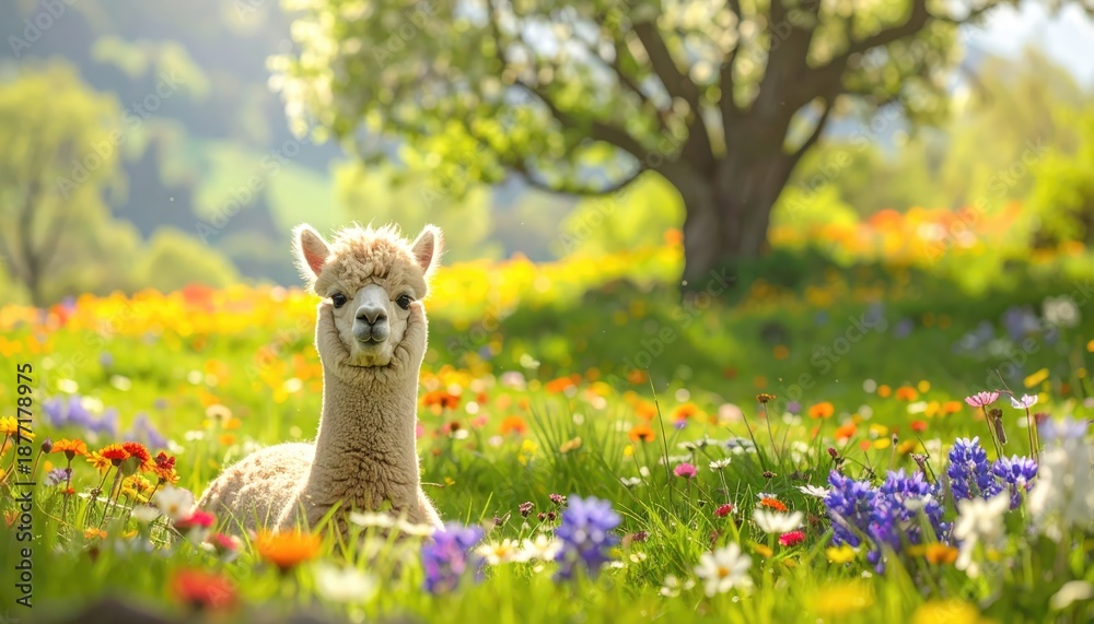 Fototapeta premium A charming alpaca resting in a colorful field with vibrant wildflowers