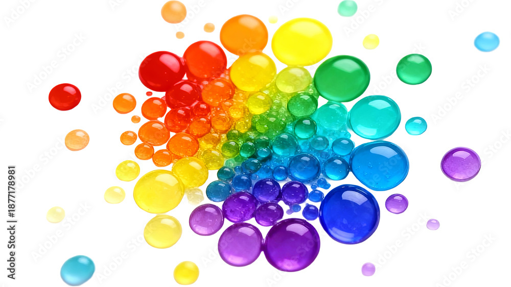 Fototapeta premium Abstract composition of transparent, multicolored bubbles arranged in a rainbow gradient, showcasing vibrant hues and a playful, artistic design.