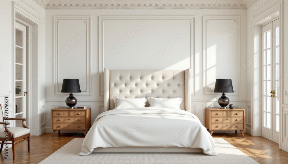 Fototapeta premium Elegant and Modern Bedroom Interior Design with Soft Textiles and Natural Light