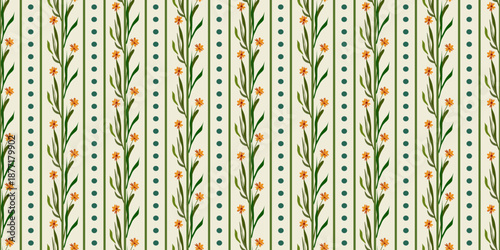Seamless vintage floral vector pattern featuring green leaves and summer flowers in a retro style illustration for elegant textile wallpaper and nature decor backdrop