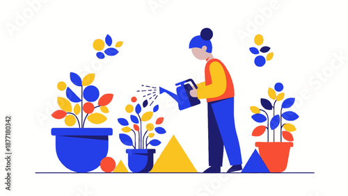 Gardening Woman Watering Plants with Geometric Shapes