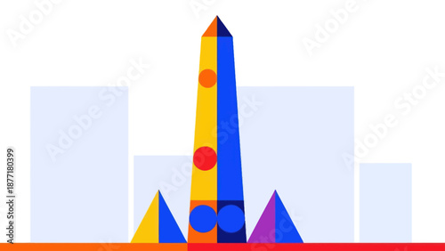 Modern Geometric Cityscape with Obelisk Monument