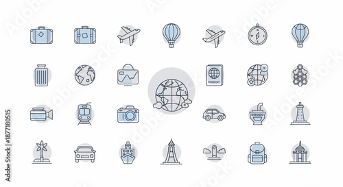 Collection of Travel and Transportation Icons for Global Journeys.