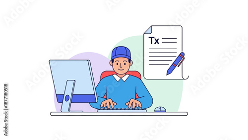 Freelancer or Content Writer Typing on PC, Processing Digital Document (Tx). Remote Work, Data Entry, and Online Administration Vector Illustration.
