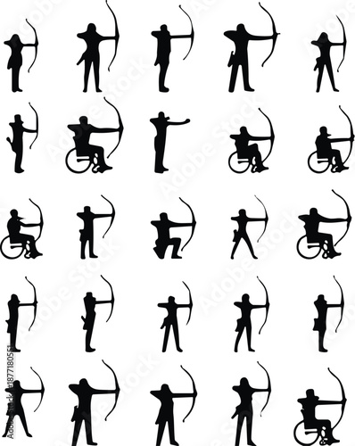 Archery athlete silhouette set including standing and wheelchair archers, adaptive sports, precision shooting poses, strength, focus, and competitive archery concepts