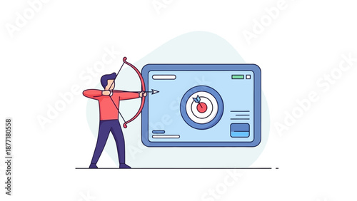 Business Strategy and Goal Targeting. Archer aiming bow at digital screen with bullseye icon, symbolizing focused success.