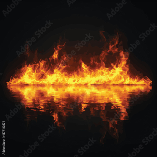 Horizontal blazing fire on reflection surface. 3D Rendering , vector style simple color