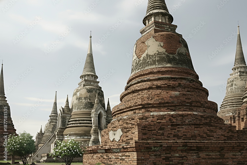 Fototapeta premium 歳月の重みを刻む赤レンガの巨大な仏塔と、静寂に包まれた歴史的な遺跡風景 / Illustrative View of Massive Ancient Brick Chedis Standing in Silent Reverence within a Historic Temple Site