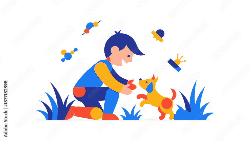 Obraz premium Boy Playing with Dog in Nature, Flat Design