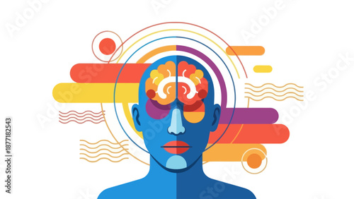 Abstract Human Head with Colorful Brain and Geometric Elements