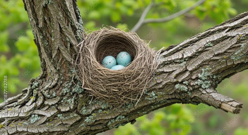 Obraz premium A bird's nest with three eggs on a tree branch.