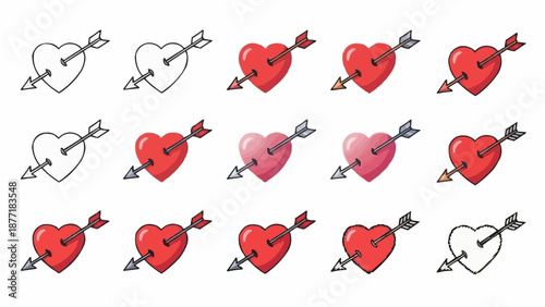 Collection of hearts pierced by arrows in various styles.