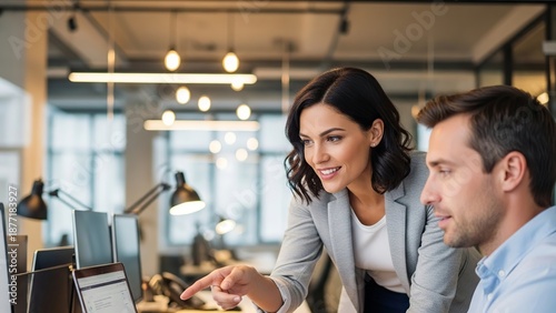 Businesswoman explaining data to colleague in modern office setting