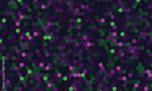 Modern abstract background with a vibrant hexagonal pixel pattern featuring green and pink elements on a dark backdrop suitable for digital concepts