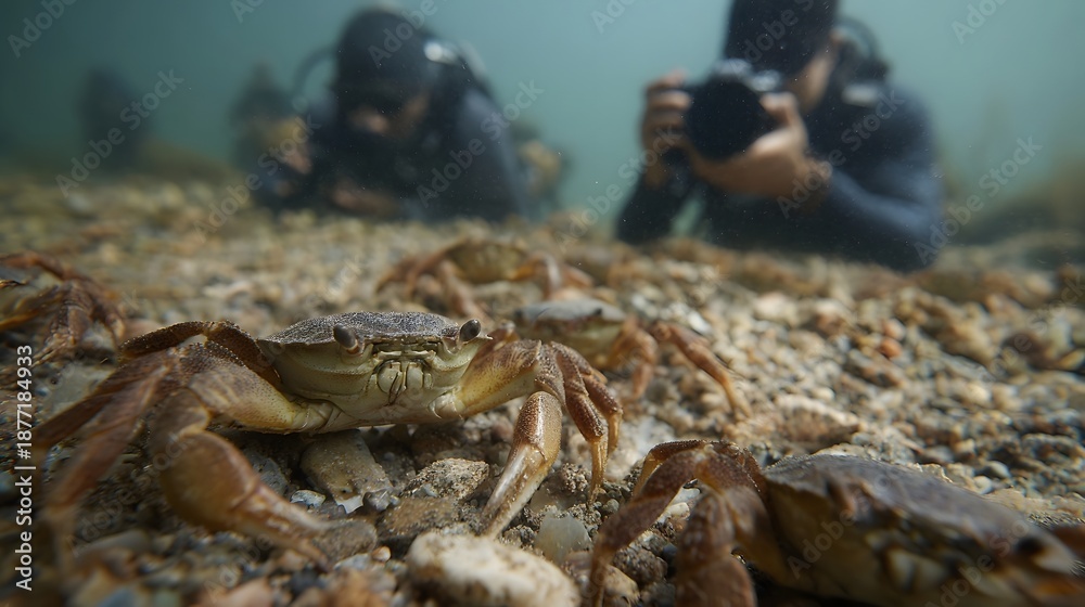 Fototapeta premium Underwater scene with crabs on the seabed and divers photographing marine life