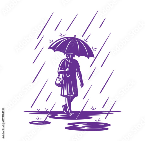woman holding umbrella walking in rain with puddles on ground