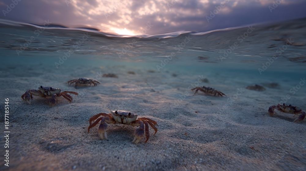 Obraz premium Underwater view of numerous crabs scuttling across a sandy seabed at sunset