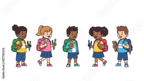 Diverse kids with backpacks going to school