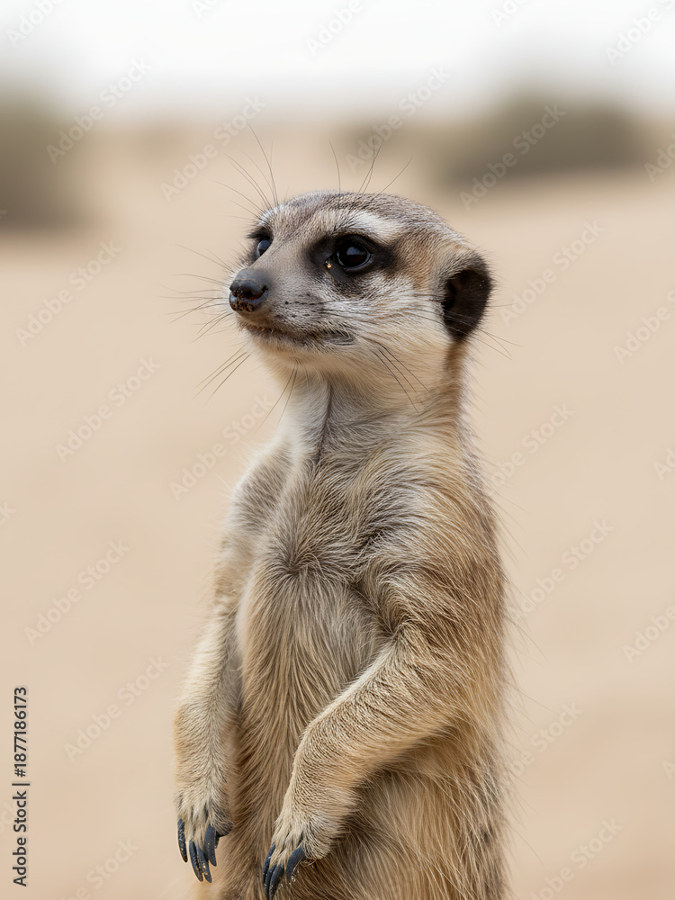 Fototapeta premium Curious Meerkat Close-up Portrait, Alert Expression, Head Tilted, Soft Desert Background, Wildlife Photography