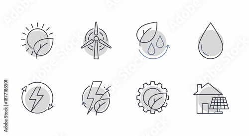 Set of Icons Representing Renewable Energy Sources and Sustainability.