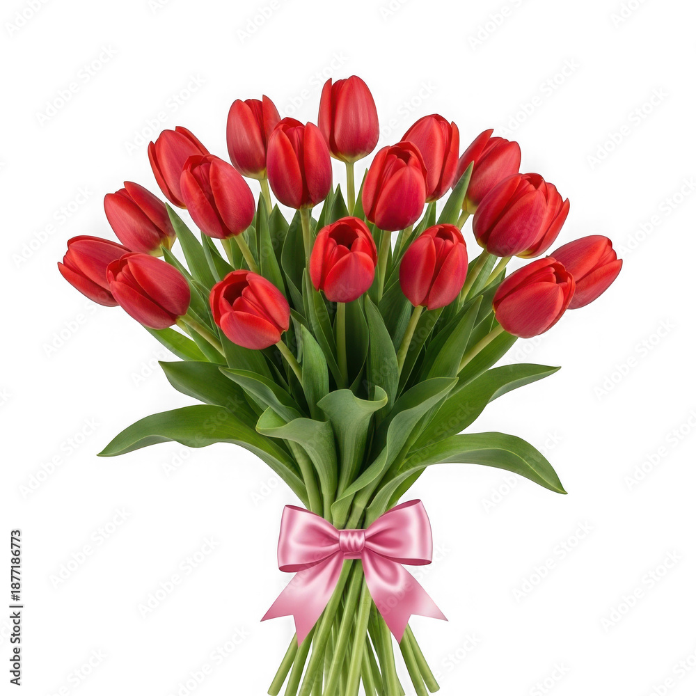 Obraz premium Bouquet of 19 red tulips isolated on transparent background