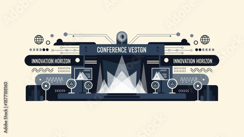 Modern Conference Stage Setup with Digital Screens and Abstract Lights