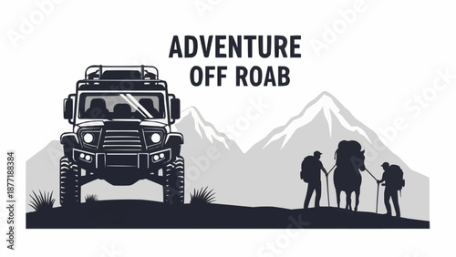 Off road adventure vehicle and hikers in mountains.