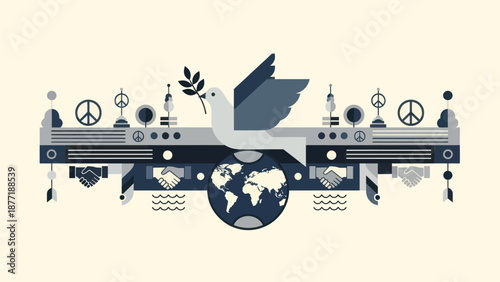 Dove of Peace with Earth and Symbols of Unity Vector Illustration