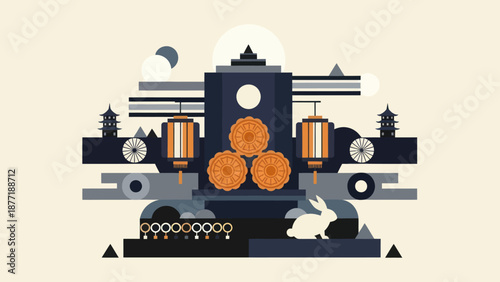 Mid-Autumn Festival Scene with Mooncakes and Rabbit