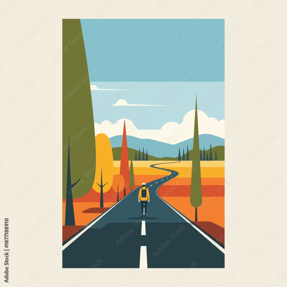 Fototapeta premium Cyclist riding on a winding road through a vibrant autumn landscape.