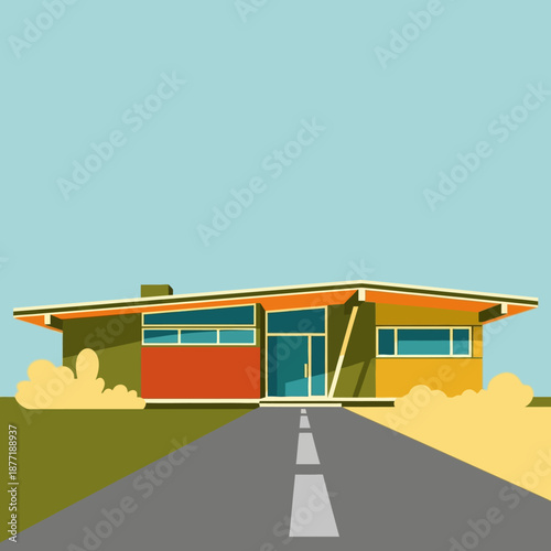 Modern house with a flat roof and colorful facade.