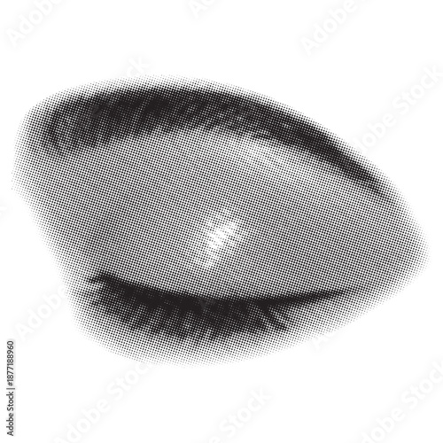 A visually striking halftone depiction of a human eye with closed lids, featuring an artistic dotted texture