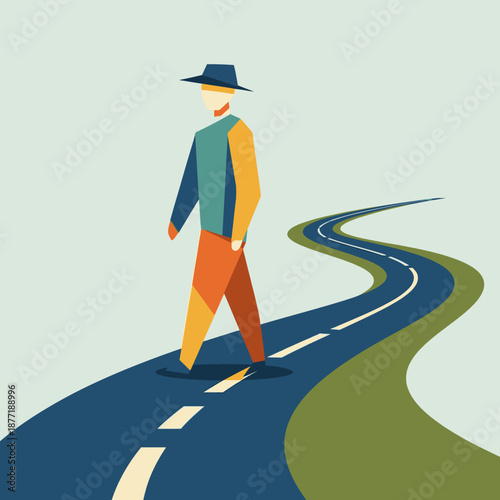 Man walking on a winding road with a hat on a simple background.