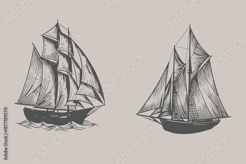 Vintage Sailboat in the sea vector illustration. sea, summer adventure, active vacation. Seagoing vessel, marine ship or nautical caravel. Eps 10