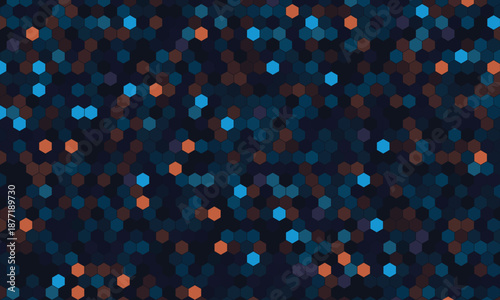 Modern abstract hexagonal pattern featuring blue and orange dots on a dark background perfect for technology and data concepts