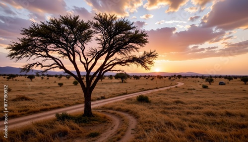 Solitary Tree Sunset Meadow with Winding Road