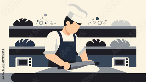 Baker Kneading Dough in Bakery with Fresh Bread on Shelves