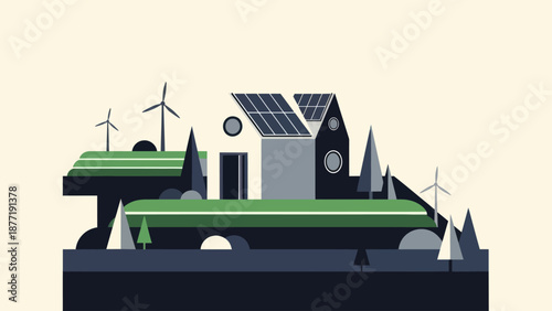 Sustainable Eco-Friendly House with Solar Panels and Wind Turbines