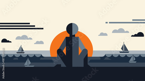 Person contemplating sunset over ocean with sailboats, modern flat design